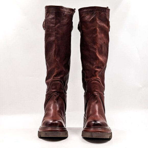AS98 Wmn Elton Brown Leather Round Platform Moto Biker Boots 10.5-11US EUR42 - Picture 2 of 9